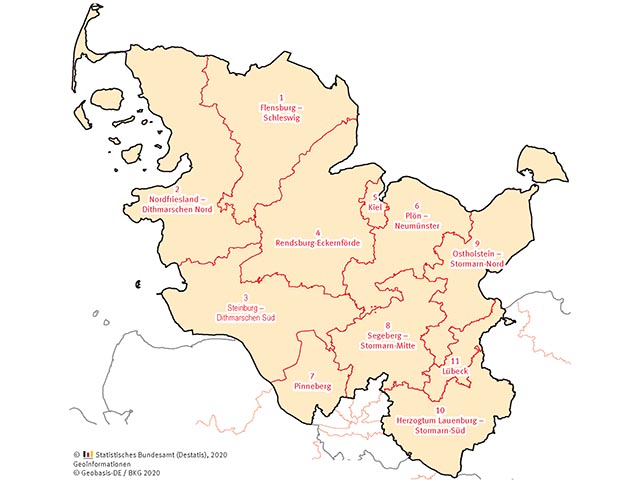 Dieses Bild zeigt die Bundestagswahlkreise in Schleswig-Holstein. © Statistisches Bundesamt. © Geobasis-DE / BKG 2020