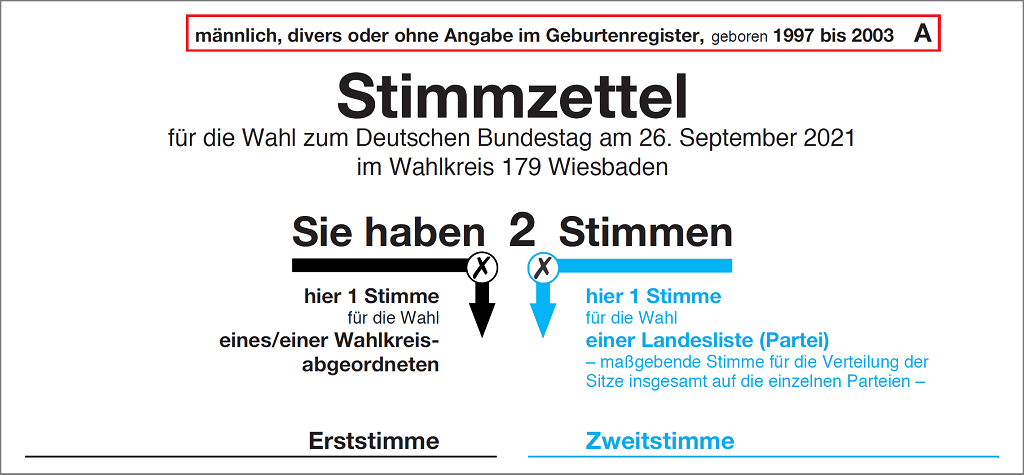 Dieses Bild zeigt einen Musterstimmzettel mit Unterscheidungsaufdruck für die repräsentative Wahlstatistik. © Landeshauptstadt Wiesbaden