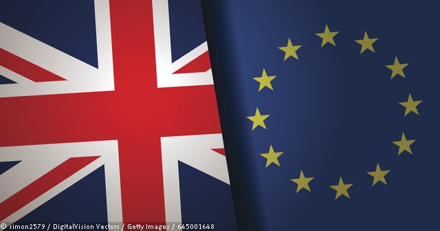 Dieses Bild zeigt die Flaggen des Vereinigten Königreiches und der Europäischen Union. © simon2579 / DigitalVision Vectors / Getty Images / 645001648