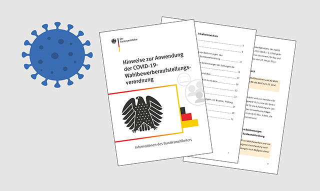 Dieses Bild zeigt schematisch ein Virus und eine Broschüre des Bundeswahlleiters. © Der Bundeswahlleiter